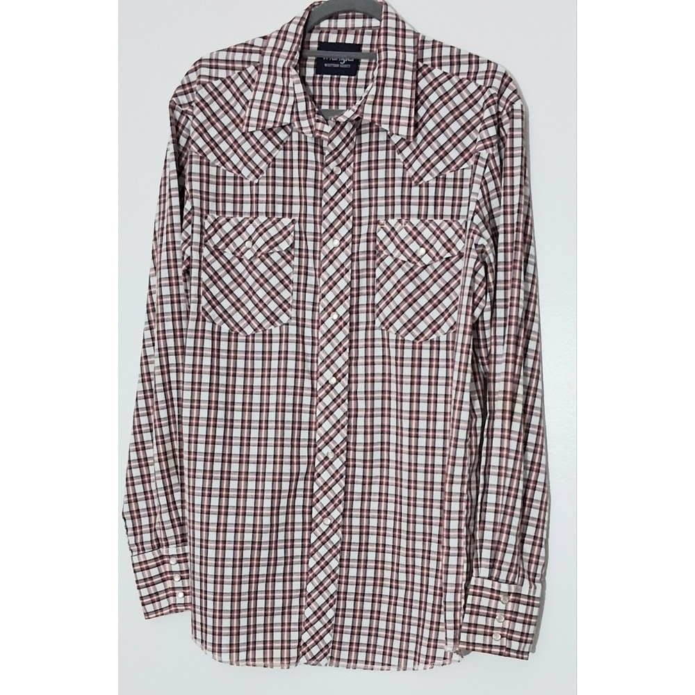 Wrangler Shirt Men's Medium Plaid Pearl Snap Long Sleeve White Red Blue Western